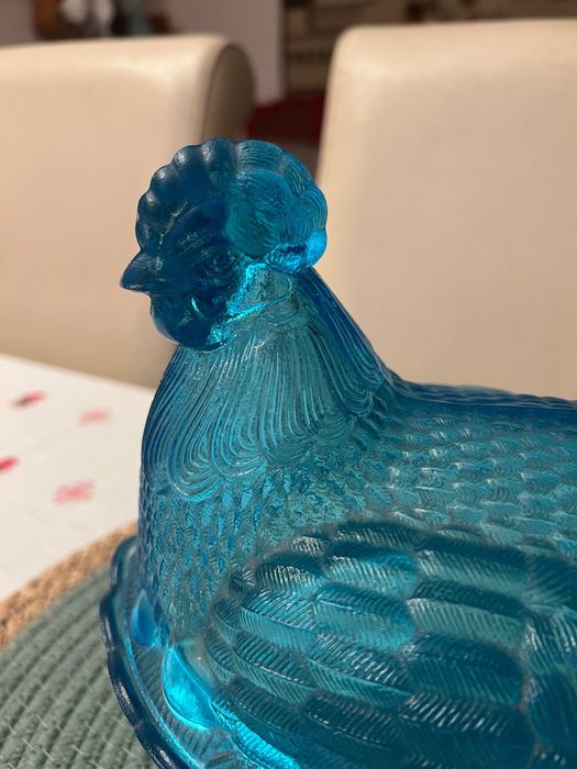 Duża Kura szklana turkusowa niebieska HSG Ząbkowice, PRL, new look