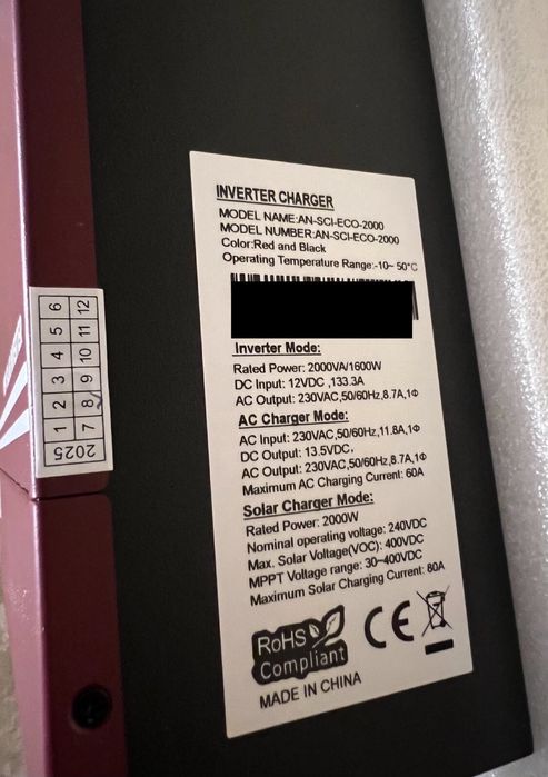 Гібридний інвертор Anern 1.6 кВт 12 Вольт