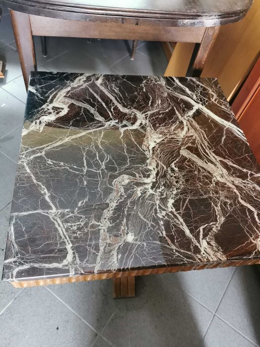 Stolik Kawowy kwadrat  półokrągły Brązowy Marmur antyk drewno stoliki