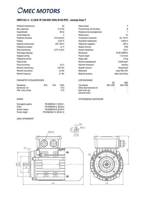 silnik elektryczny 0,12kW 1400obr. 3fazowy 63B14 OMT