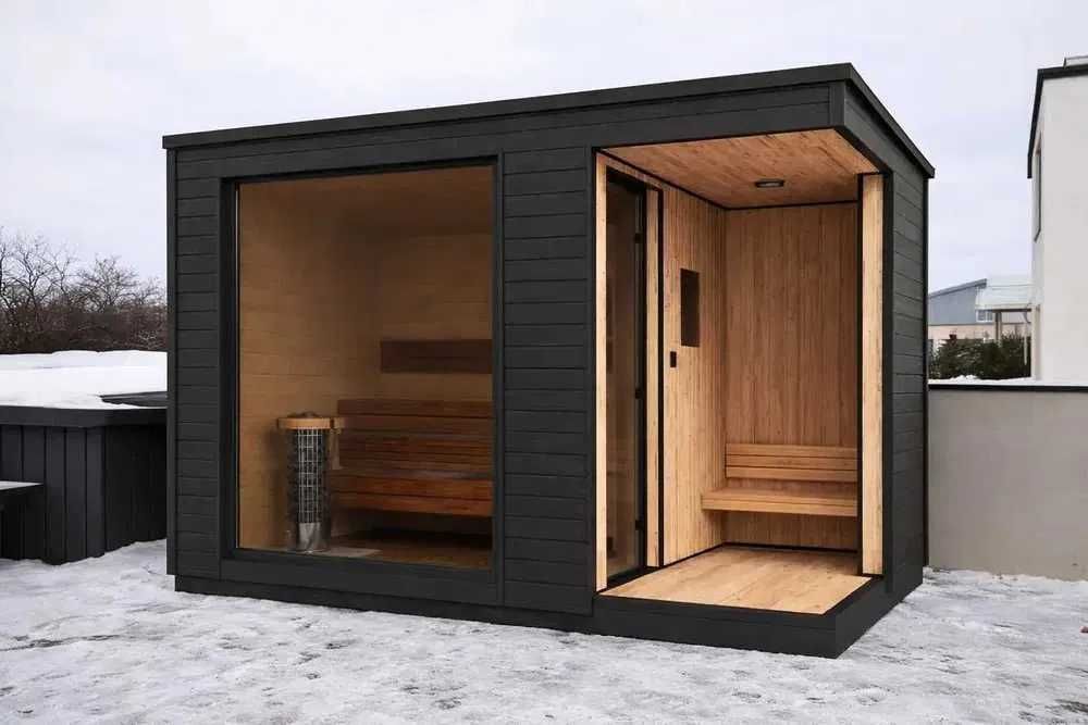 SAUNA zewnętrzna OGRODOWA FIŃSKA 3,2x2,3 m Ocieplona + Piec + Witryna