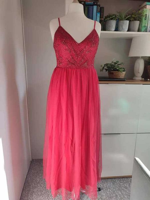 Piękna bogato zdobiona koralikami sukienka maxi 40/42