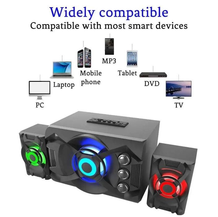 Колонки 2.1 / Блютуз/MP3/ USB/ SD Card /FM тюнер/ пульт ДУ/ 11 Ватт