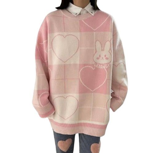 Damski Sweter Oversize w Serca z Motywem Królika Harajuku Kawaii - L
