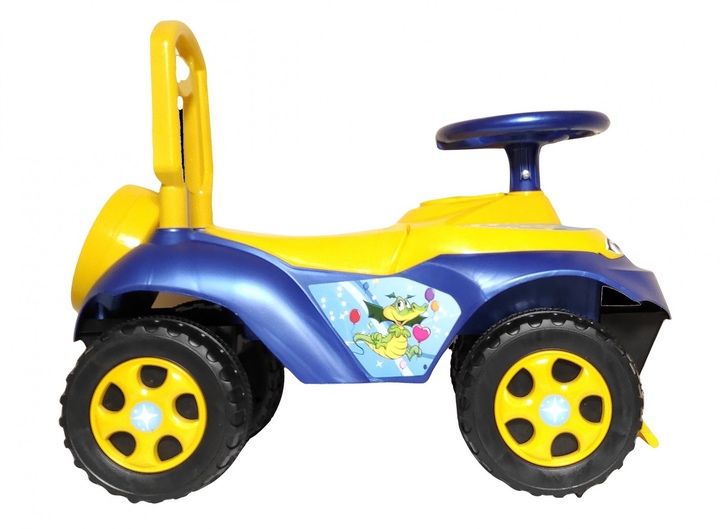 Машинка толокар Doloni Toys жовто-синя з багажником і спинкою