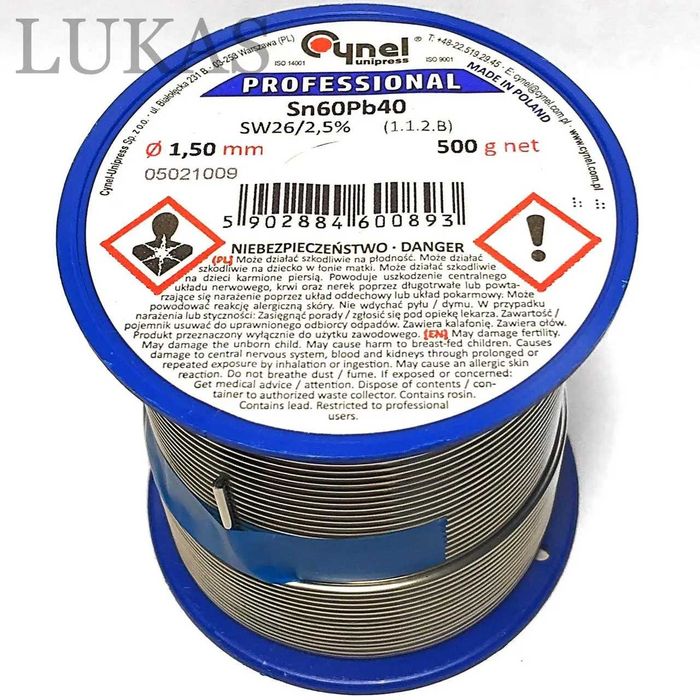 Припой припій з флюсом Cynel 500 гр Sn60Pb40 0,7, 1, 1.5 , 2 мм