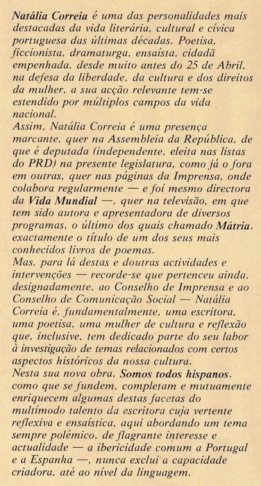 Livro Somos Todos Hispanos de Natália Correia [Portes Inc.] 1ª Edição