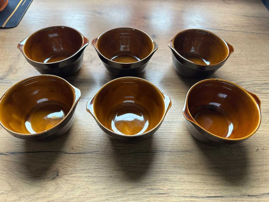 Komplet miseczek ceramicznych vintage – brązowy połysk – 6 sztuk