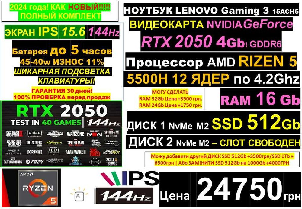 100+ Ноутбуківℹ️Traid-inℹ️LENOVO Gaming 3‼️144Hz‼️RTX2050‼️Ryzen 5/SSD 512/RAM 16-32