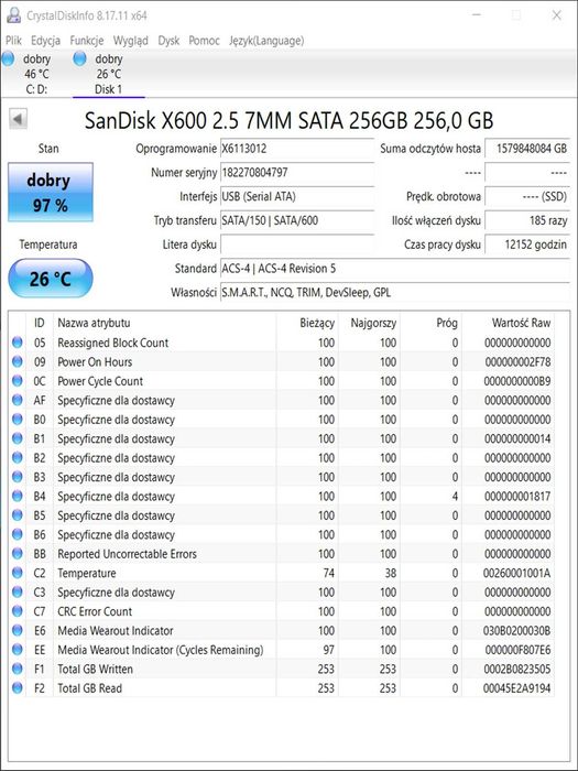 SSD 256GB SanDisk x600