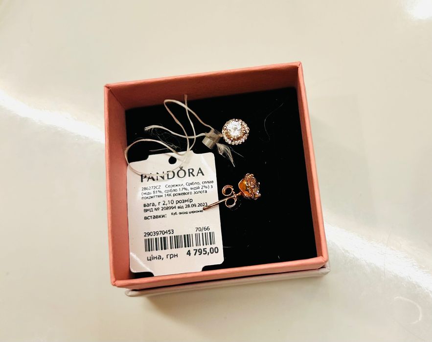 Серьги гвоздики Pandora серебро позолота