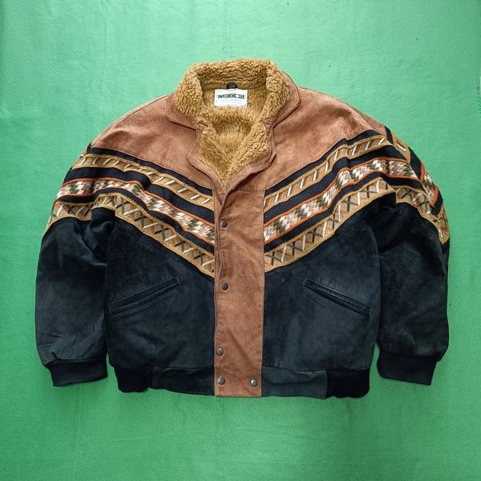 вінтажна куртка-бомбер CUIROPOLIS vintage suede jacket 90-s замшева дублянка шерпа вінтаж винтаж  куртка 90-х western aztec ethno ретро розмір M-L