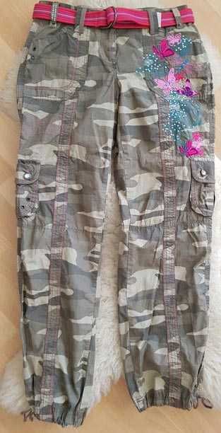 Spodnie damskie cargo moro bojówki z paskiem 36