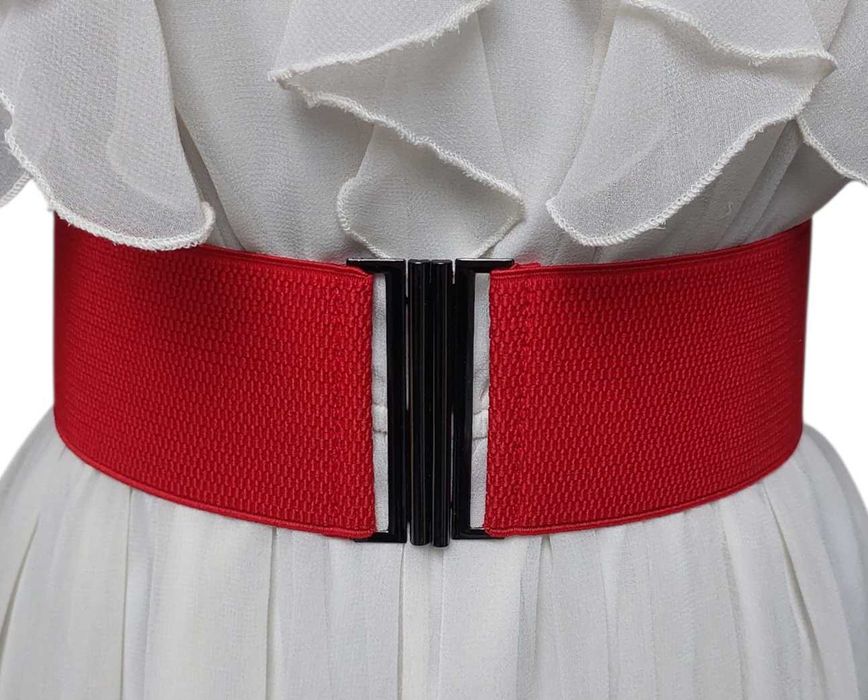 Elastyczny czerwony szeroki pasek damski z grafitowa klamrą