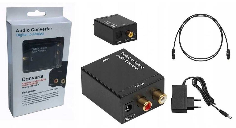Konwerter optyczny Toslink na analog 2x RCA Cinch + Zasilacz