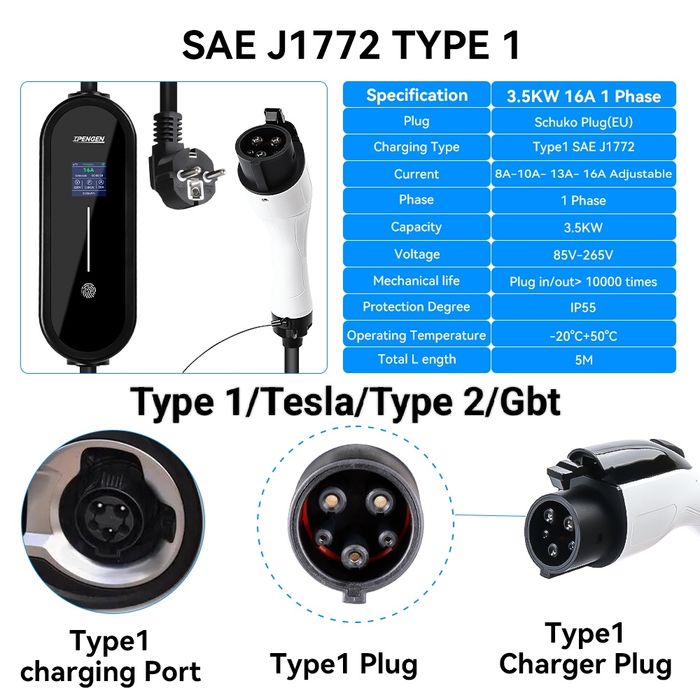 НАЙНИЖЧА ЦІНА‼️Зарядка 16А Type 1/Tesla type 2 gbt 5м 3.5kw  Ipengen Ev charger Америка Європа Китай усі роз'єми зарядний пристрій