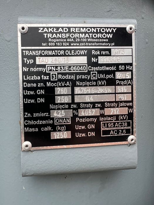 Transformator transformatory olejowe 250 kVA 15/0,4