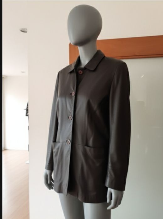 Casaco em pele genuína, azul escuro