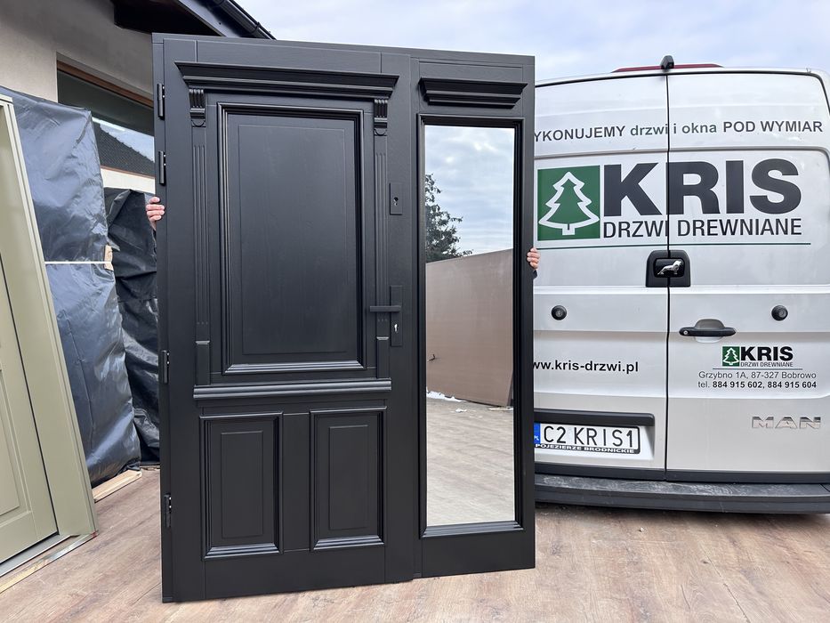 Drzwi zewnętrzne drewniane NA WYMIAR z doświetlem czarne Montaż POLSKA