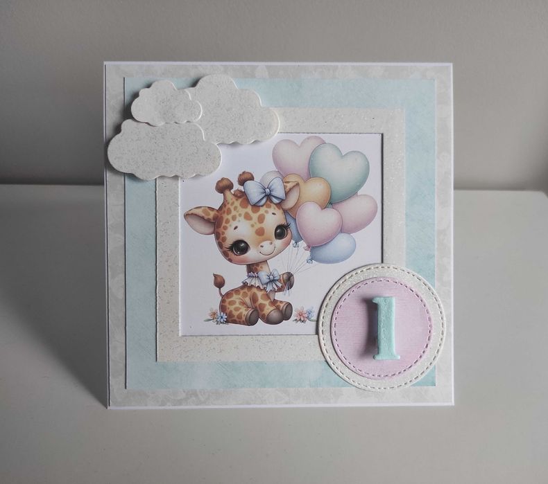 Kartka urodzinowa ręcznie robiona roczek, urodziny żyrafa