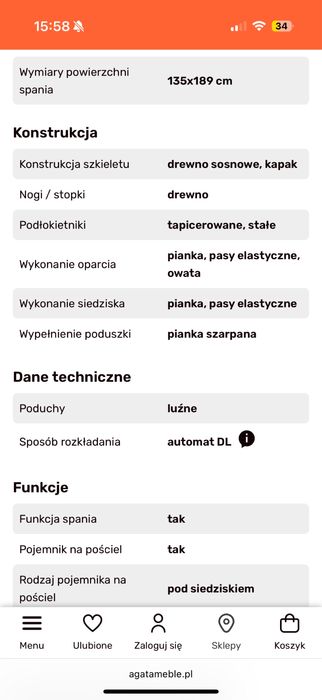 Sofa meteriałowa na drewnianych nóżkach 215x92