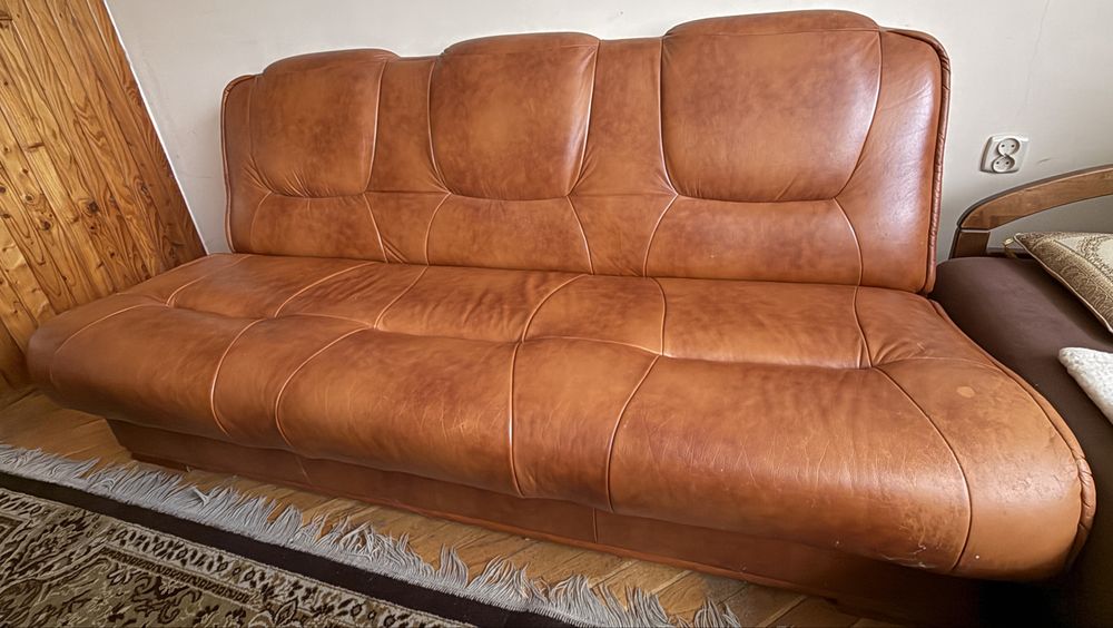 Komplet wypoczynkowy retro - sofa + 2 fotele, skóra naturalna