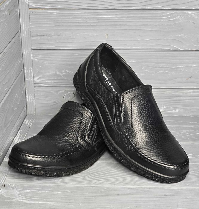 39-48рр! Кожаные мужские черные широкие прошитые туфли резинка шнурок!