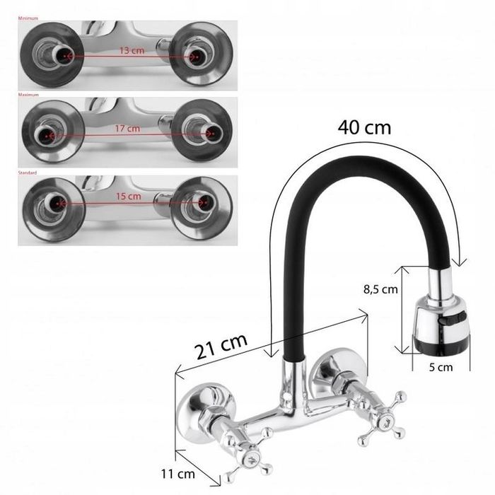 Bateria Kuchenna Ścienna Kran Elastyczna Wylewka Czarna Chrom Retro