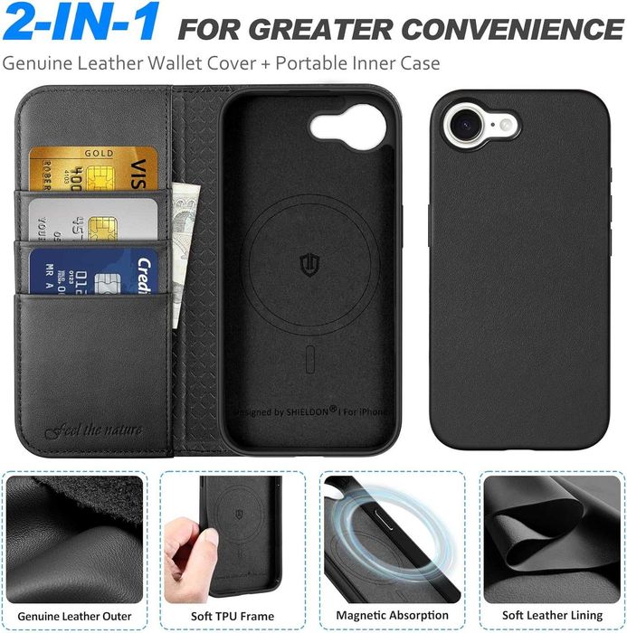 Shieldon naturalne etui skórzane iPhone 16e portfel klapką czarne 2w1