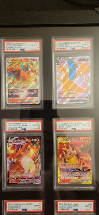Moldura com 9 slabs de cartas Pokémon Charizard psa 10