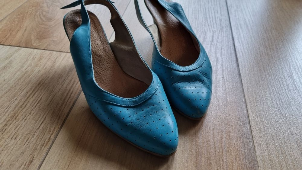 Buty skórzane turkusowe szpilki r. 37