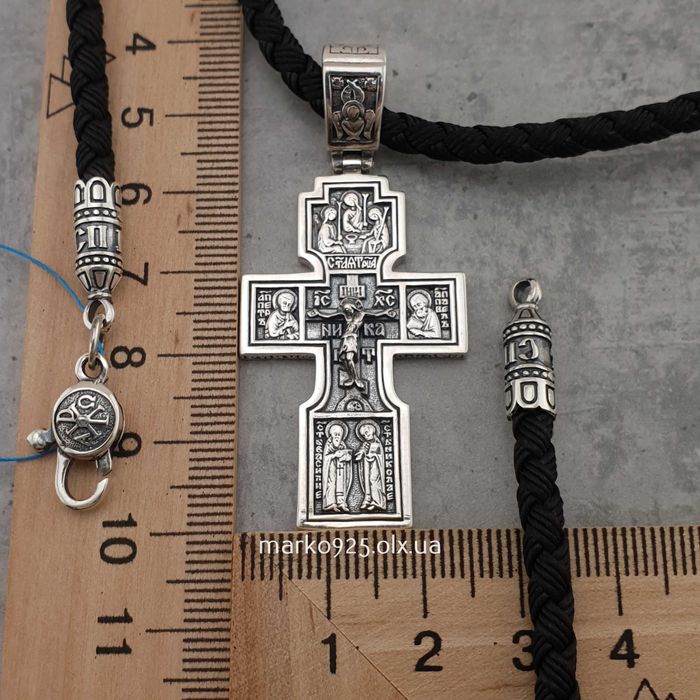 Шовкова цепочка з хрестиком чоловічим двостороннім шнур вставками 4 мм