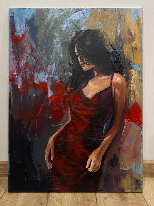 CZERWINA SUKIENKA obraz olejny na płótnie 75x55 cm, abstrakcja