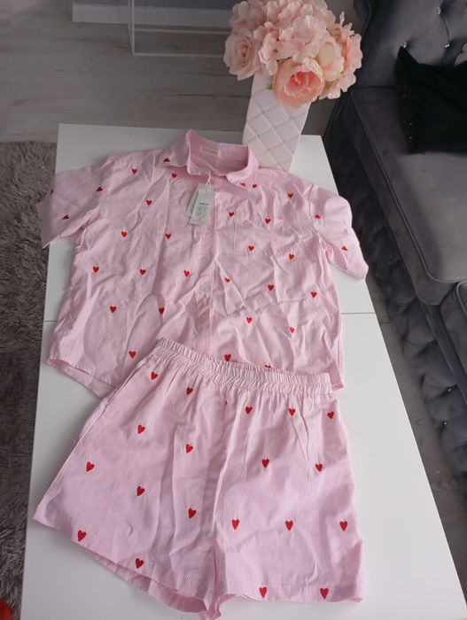 Komplet set letni różowy w czerwone serduszka butik one size nowy