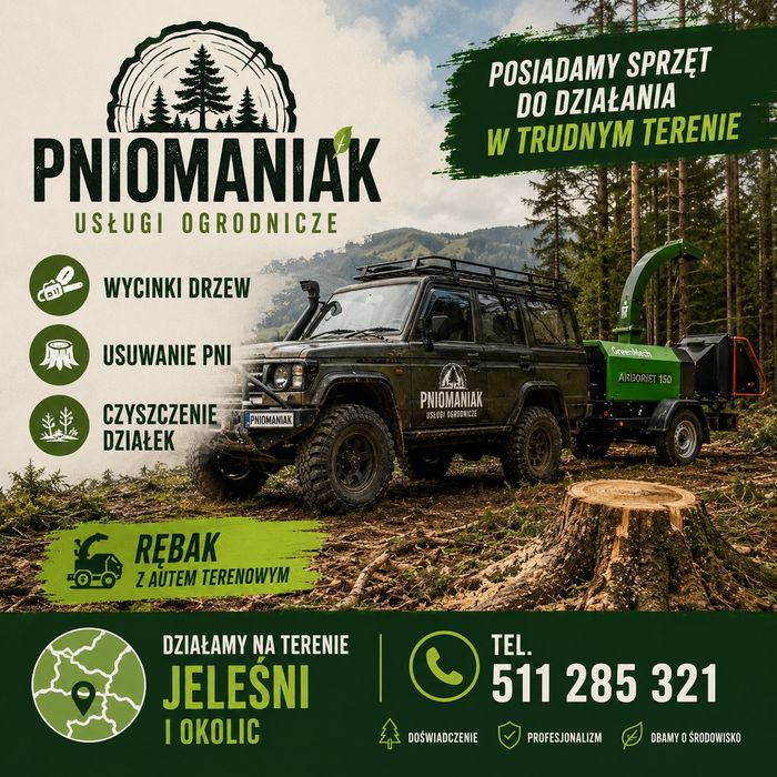 Usuwanie pni, korzeni  Wycinka drzew Mielenie gałezi