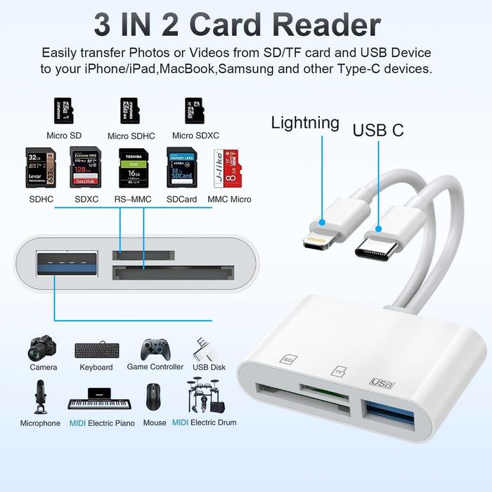 Adapter kart SD 3 w 2 do iPhone'a iPada, złącze Lightning+USB C