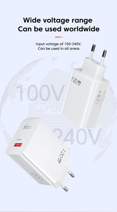 QC 3.0 Szybka ładowarka telefoniczna sieciowa USB 120W + 1m przewód