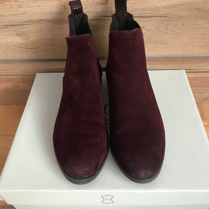 Bordowe, zamszowe sztyblety/botki Lasocki; rozmiar 35