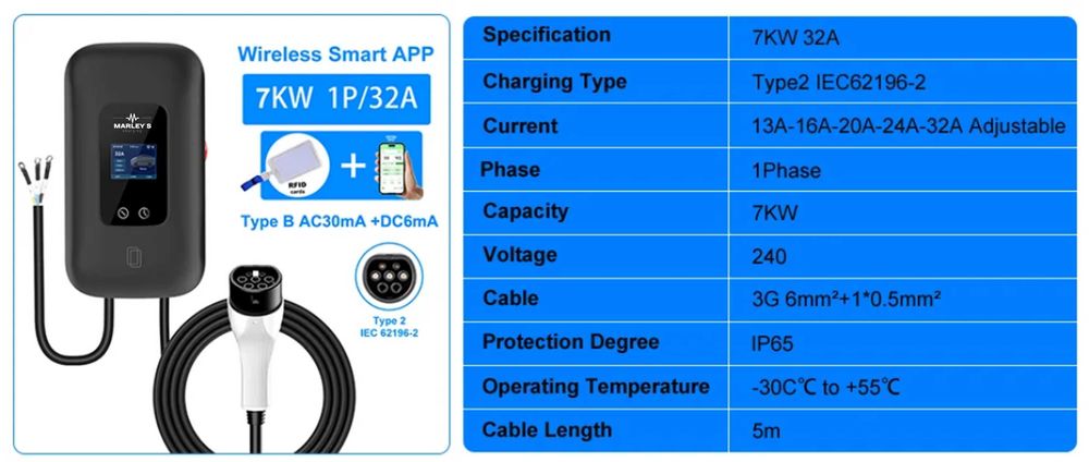 Wallbox Carregador Parede - 7 kw - 32 A - C/ WI-FI e Cartão RFID