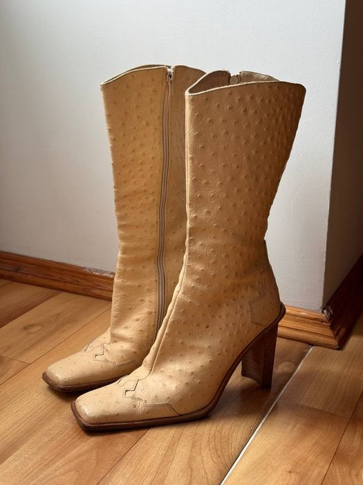 Кремові шкіряні чоботи, сапожки на підборах (Made in Italy, Vero Cuoio