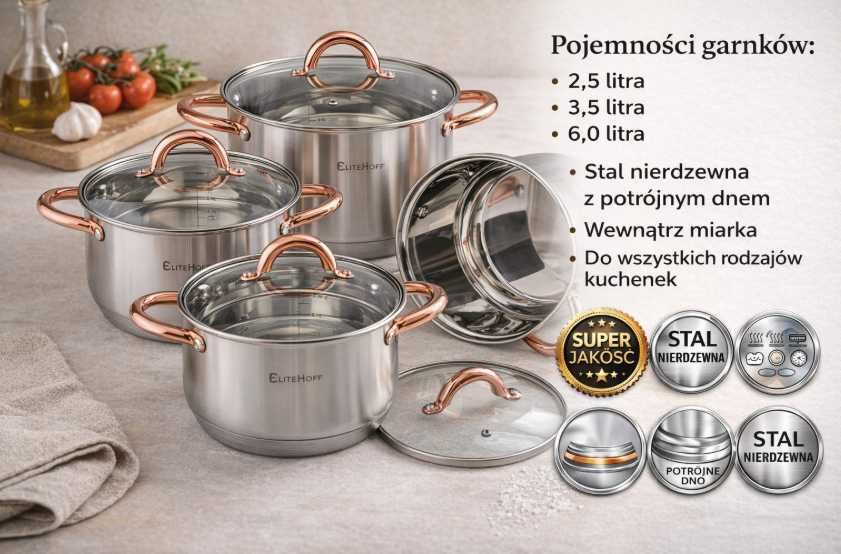 Zestaw garnków stal nierdzewna 1 2,5L 3,5L 6L potrójne dno indukcja