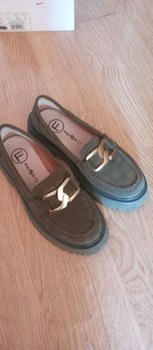 Mokasyny 38 Filippo khaki gruba podeszwa,złota klamra,sprzączka