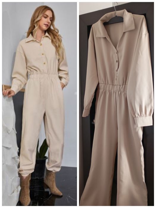 SHEIN r.L elegancki beżowy kombinezon szerokie nogawki