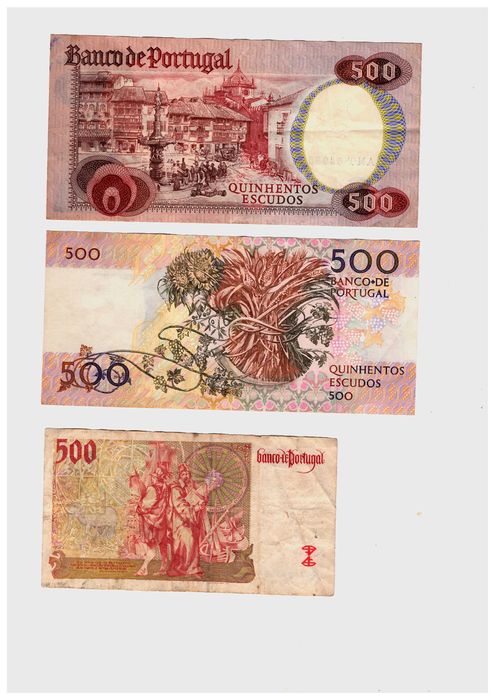 lote de 6 Notas de 500$00, 100$00, 50$00 e 20$