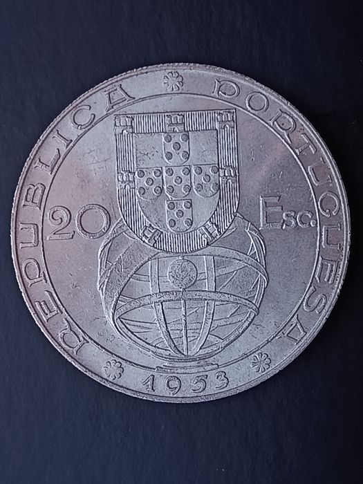 Moeda 20 Escudos 1953 Portugal Prata