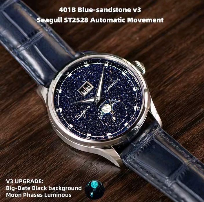 Механічний годинник з фазами місяця Sugess автопідзавод від Sea-gull