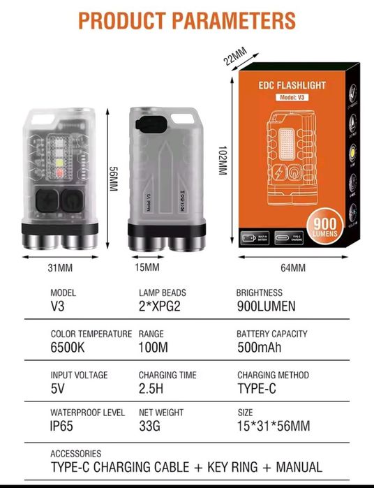 Міні-ліхтарик брелок BORUIT V3 EDC з зарядкою