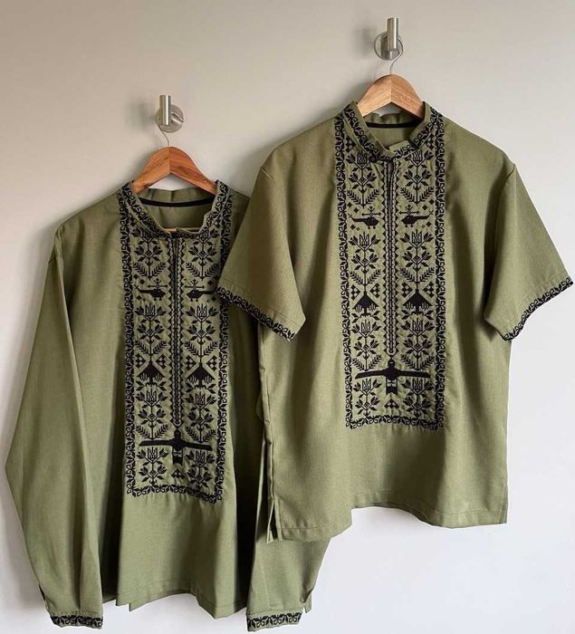 М-5ХЛ Вышиванка льняная мужская хаки, лен