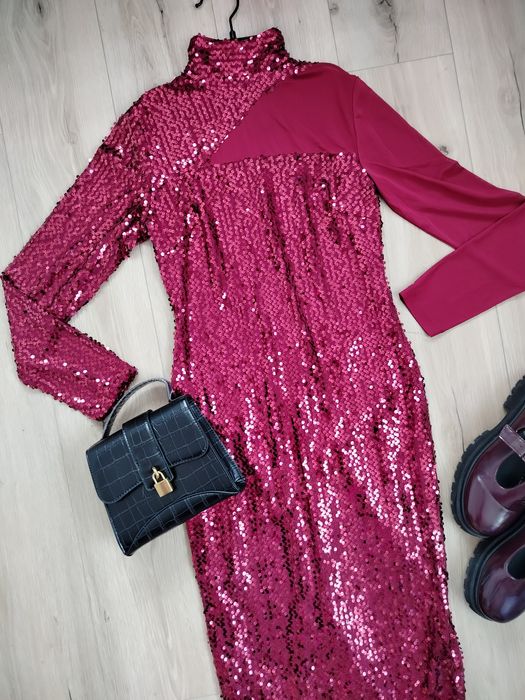 Bordowa sukienka maxi cekinowa elegancka 34 wieczorowa sequin dress