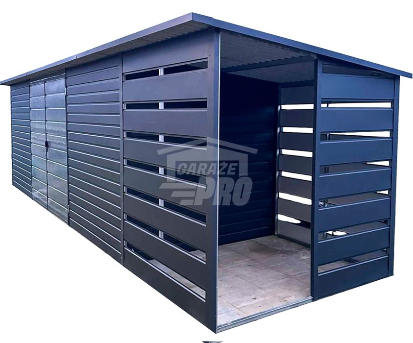 Schowek domek ogrodowy 6x2m + wiata 1,5m Brama dwuskrzydłowa GP452